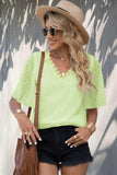 Swiss Dot Lace Trim Flutter Sleeve V-Neck Blouse - Trendsi - Flyclothing LLC