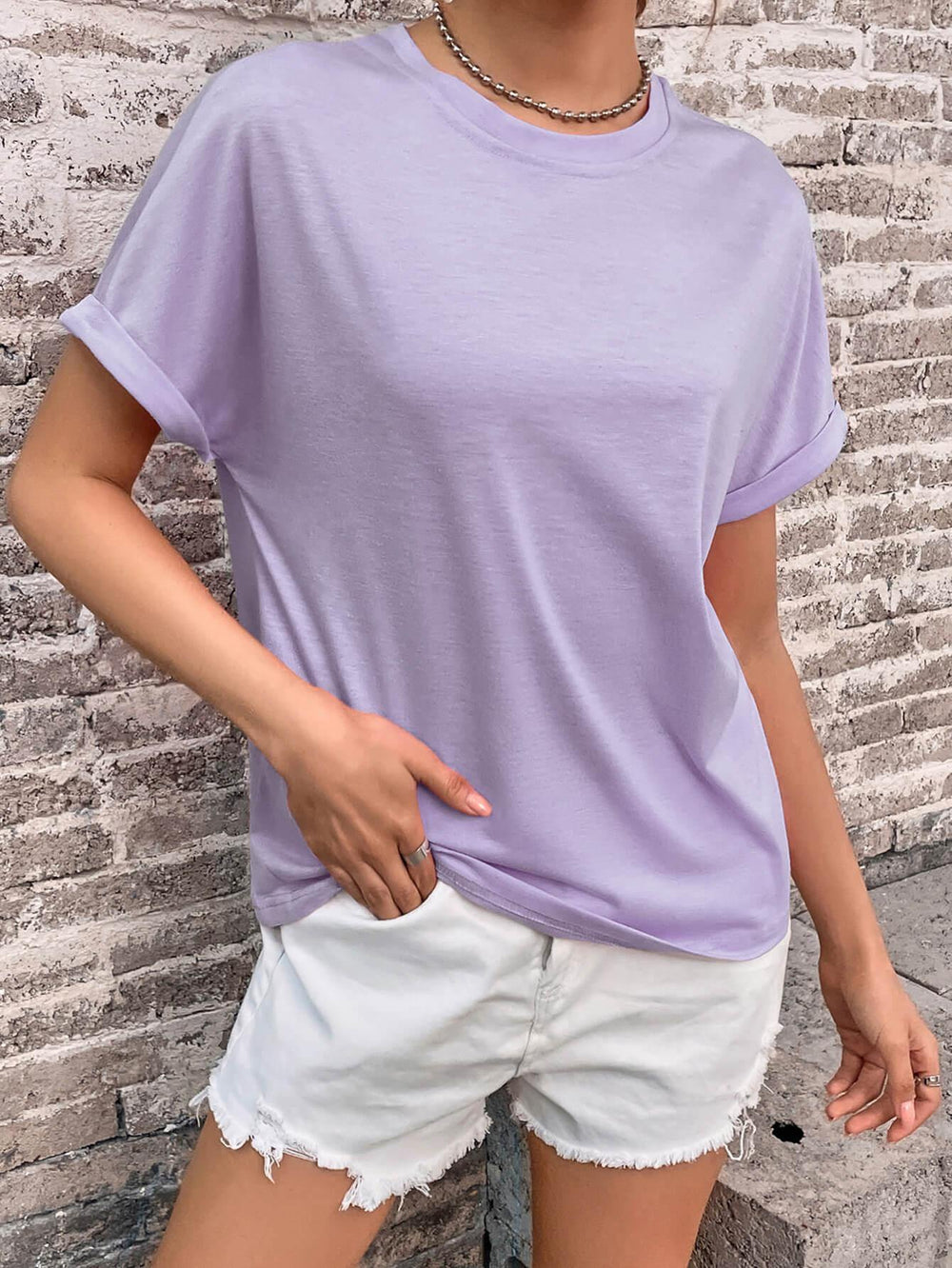 Round Neck Cuffed Sleeve T-Shirt - Trendsi
