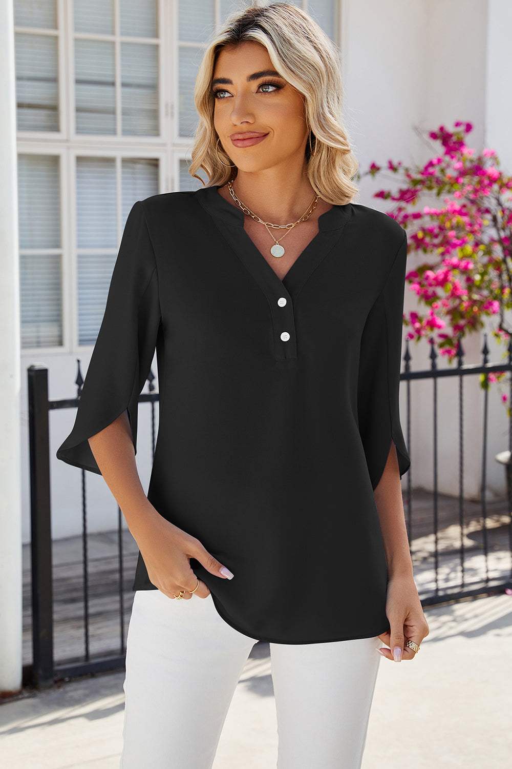 Notched Half Button T-Shirt - Trendsi - Flyclothing LLC