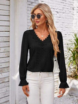 Applique V-Neck Flounce Sleeve T-Shirt - Trendsi - Flyclothing LLC