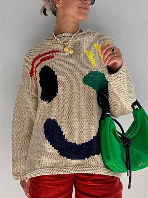 Contrast Drop Shoulder Long Sleeve Sweater - Trendsi