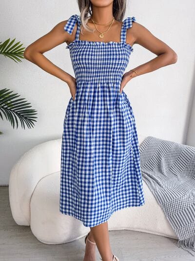 Frill Plaid Square Neck Midi Dress - Trendsi
