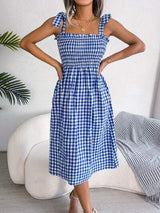Frill Plaid Square Neck Midi Dress - Trendsi - Flyclothing LLC
