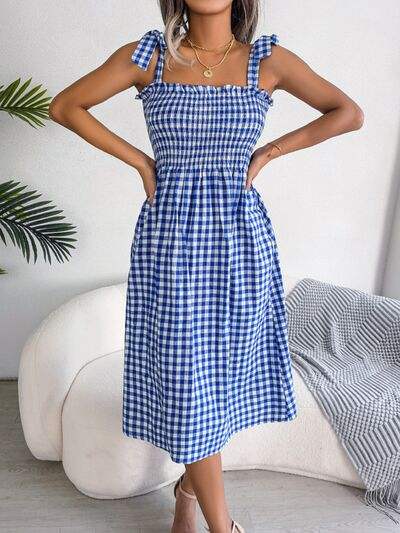 Frill Plaid Square Neck Midi Dress - Trendsi - Flyclothing LLC