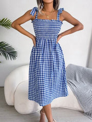 Frill Plaid Square Neck Midi Dress - Trendsi