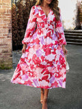 Printed V-Neck Long Sleeve Midi Dress - Trendsi - Flyclothing LLC
