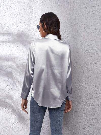 Button Up Collared Neck Long Sleeve Shirt - Trendsi - Flyclothing LLC