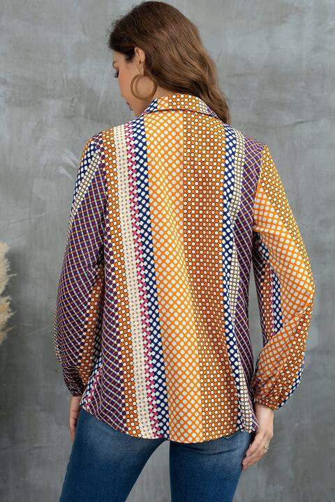 Printed Collared Neck Long Sleeve Shirt - Trendsi - Flyclothing LLC