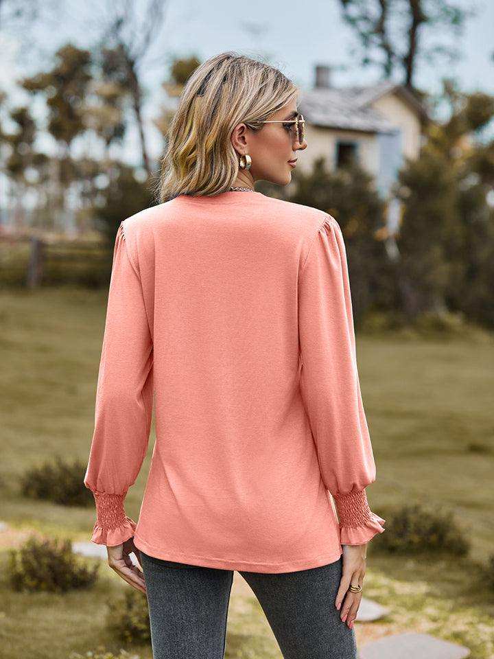Notched Neck Flounce Sleeve Blouse - Trendsi - Flyclothing LLC