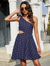 Grid One-Shoulder Tied Cutout Dress - Trendsi - Flyclothing LLC