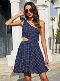 Grid One-Shoulder Tied Cutout Dress - Trendsi - Flyclothing LLC