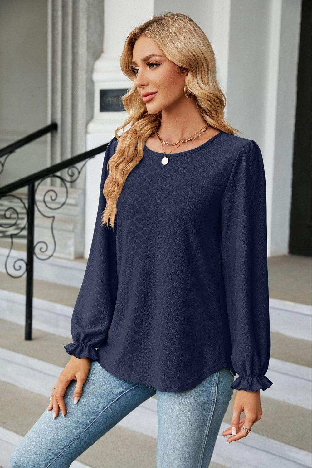 Round Neck Flounce Sleeve Blouse - Trendsi - Flyclothing LLC