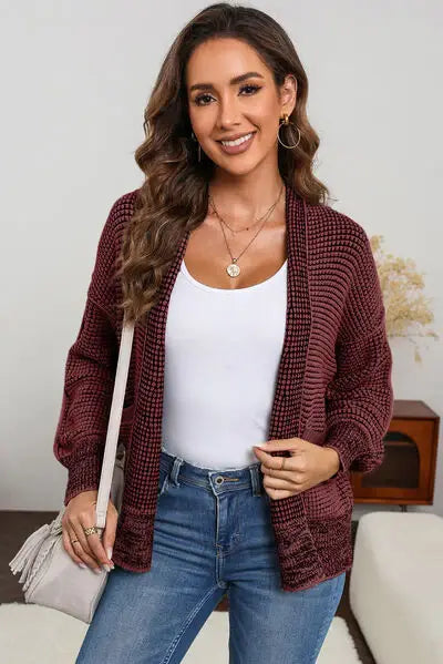 Waffle-knit Pocketed Open Front Cardigan - Trendsi - Flyclothing LLC