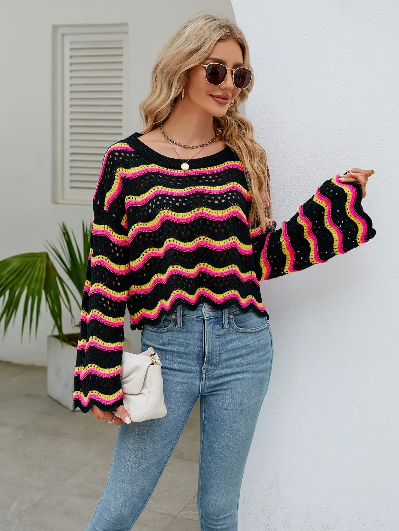 Round Neck Openwork Flare Sleeve Knit Top - Trendsi - Flyclothing LLC