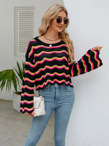 Round Neck Openwork Flare Sleeve Knit Top - Trendsi - Flyclothing LLC