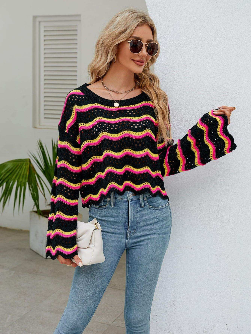 Round Neck Openwork Flare Sleeve Knit Top - Trendsi - Flyclothing LLC