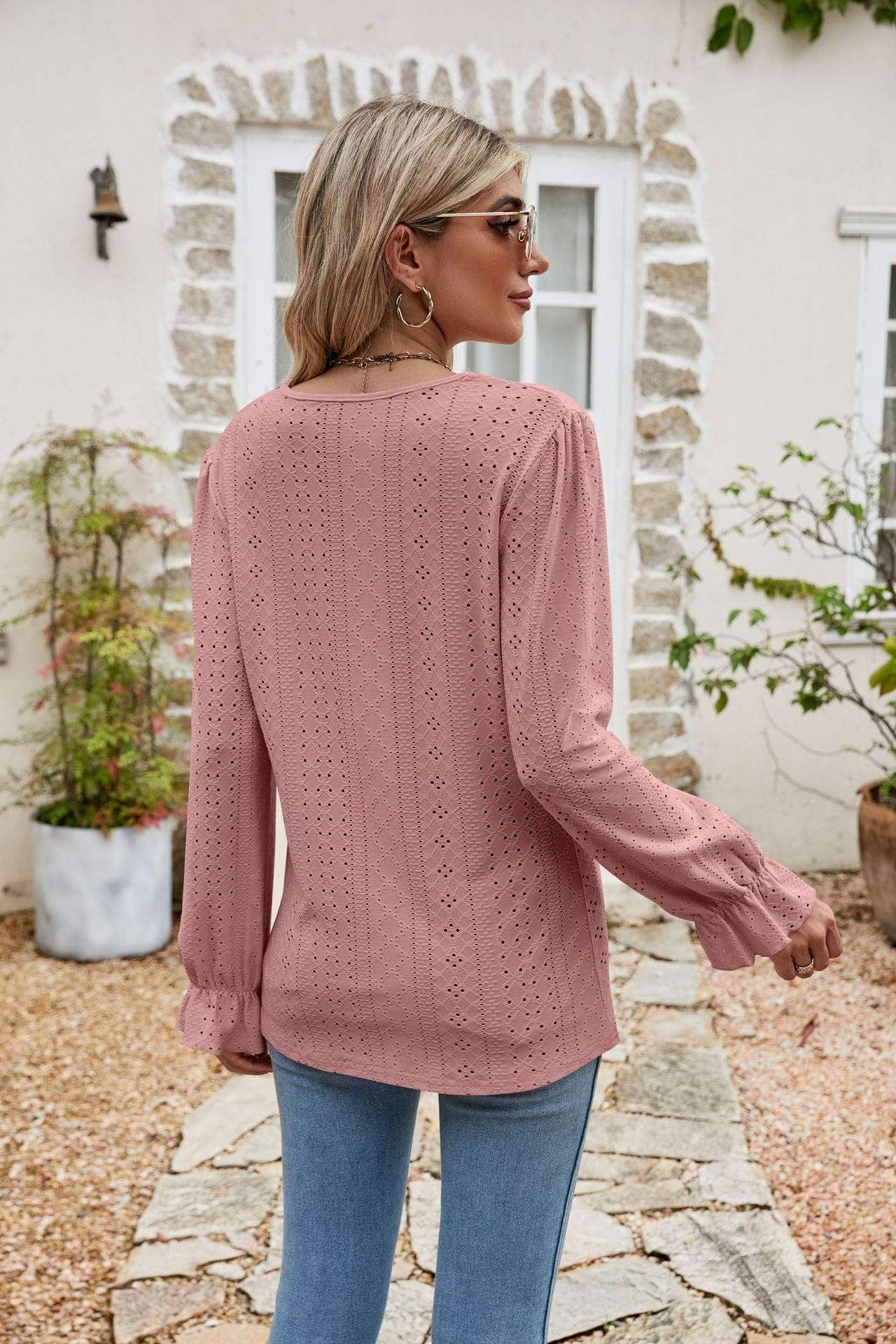 Eyelet Lace Trim Flounce Sleeve Blouse - Trendsi - Flyclothing LLC