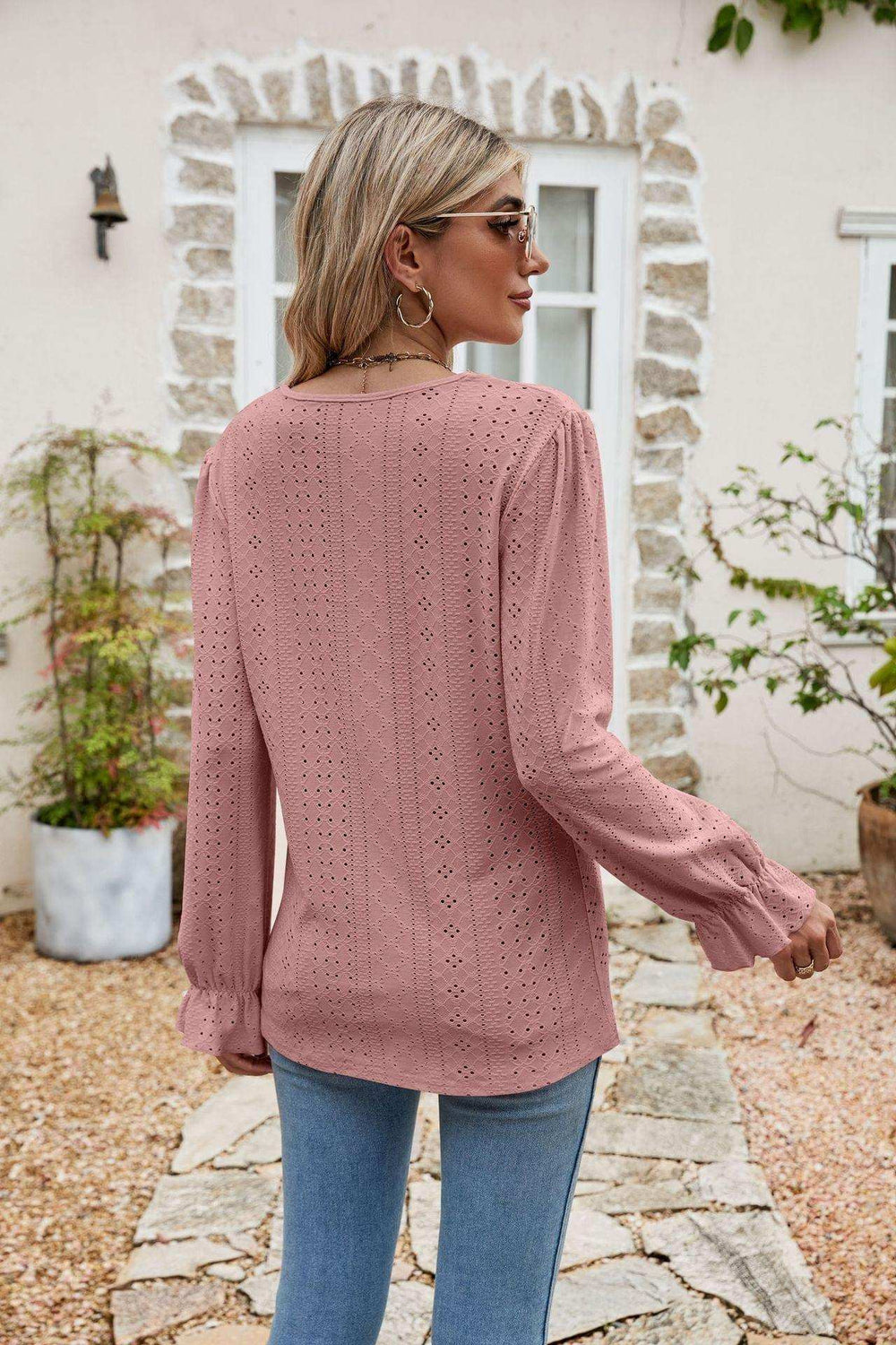 Eyelet Lace Trim Flounce Sleeve Blouse - Trendsi - Flyclothing LLC