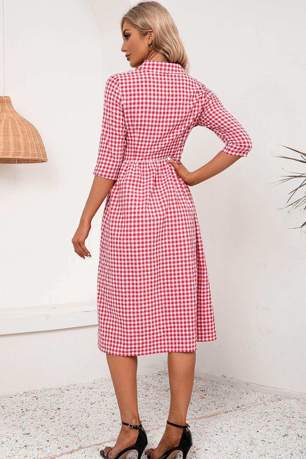 Plaid Collared Neck Midi Dress - Trendsi - Flyclothing LLC