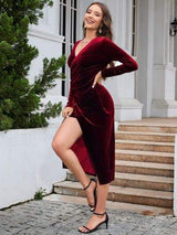 Ruched Slit Surplice Wrap Dress - Trendsi - Flyclothing LLC