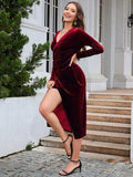 Ruched Slit Surplice Wrap Dress - Trendsi - Flyclothing LLC