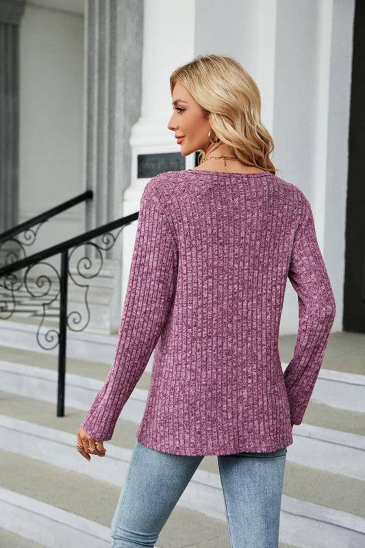 Buttoned Long Sleeve Slit Top - Trendsi