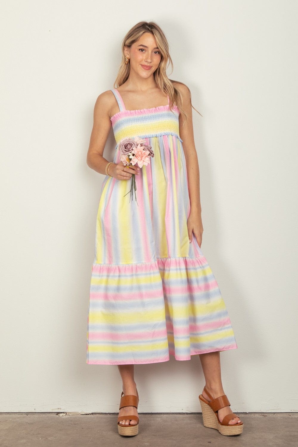 VERY J Striped Woven Smocked Midi Cami Dress - Flyclothing LLC