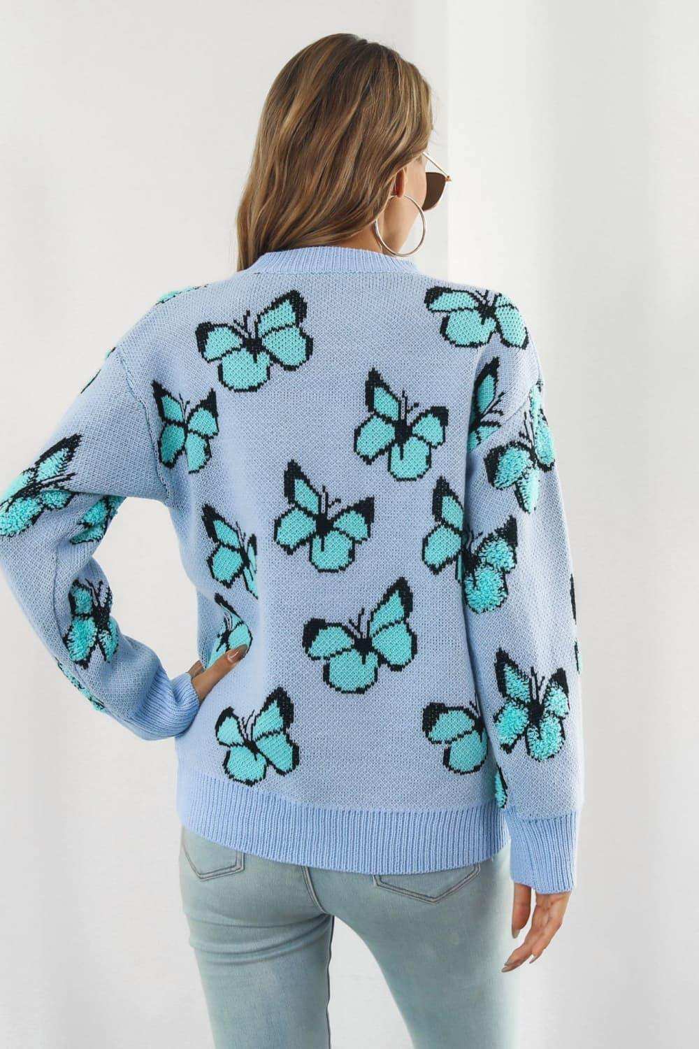 Butterfly Pattern Round Neck Dropped Shoulder Sweater - Trendsi - Flyclothing LLC