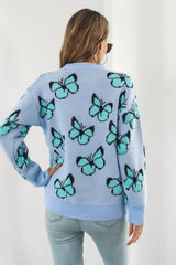 Butterfly Pattern Round Neck Dropped Shoulder Sweater - Trendsi