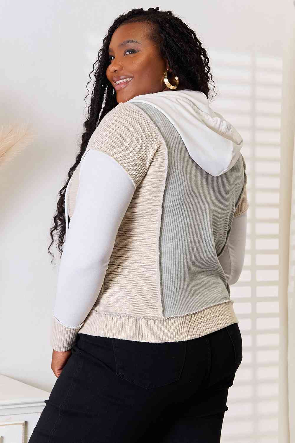 Double Take Color Block Exposed Seam Drawstring Hoodie - Trendsi - Flyclothing LLC