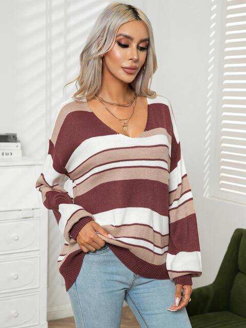 Striped V-Neck Long Sleeve Knit Top - Trendsi - Flyclothing LLC