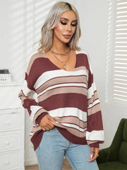 Striped V-Neck Long Sleeve Knit Top - Flyclothing LLC
