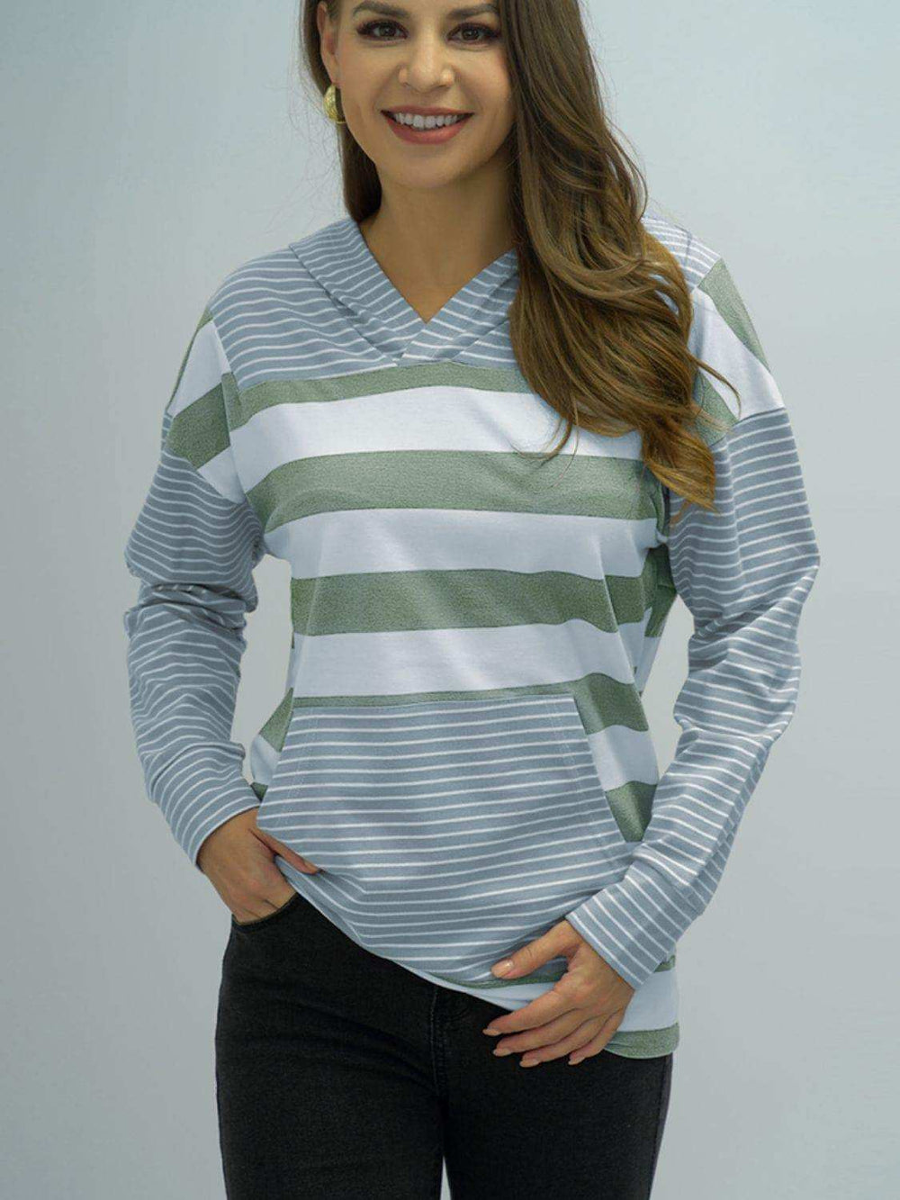 Full Size Striped Long Sleeve Hoodie - Trendsi - Flyclothing LLC
