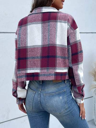 Plaid Button Up Drop Shoulder Cropped Jacket - Trendsi - Flyclothing LLC