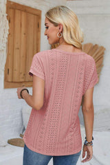 Eyelet Round Neck Rolled Short Sleeve T-Shirt - Trendsi - Flyclothing LLC