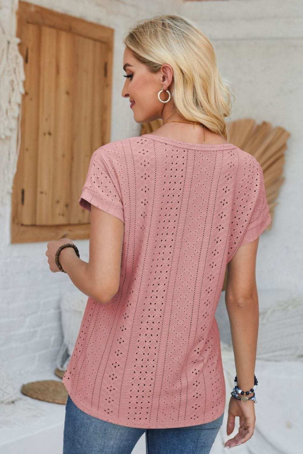 Eyelet Round Neck Rolled Short Sleeve T-Shirt - Trendsi - Flyclothing LLC