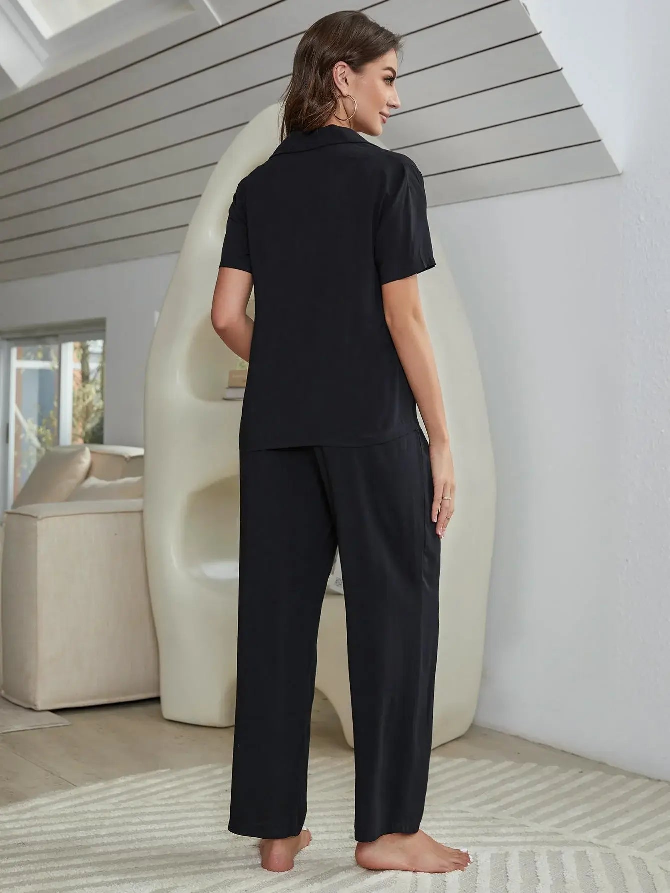 Short Sleeve Shirt, Bralette, and Pants Lounge Set - Trendsi - Flyclothing LLC