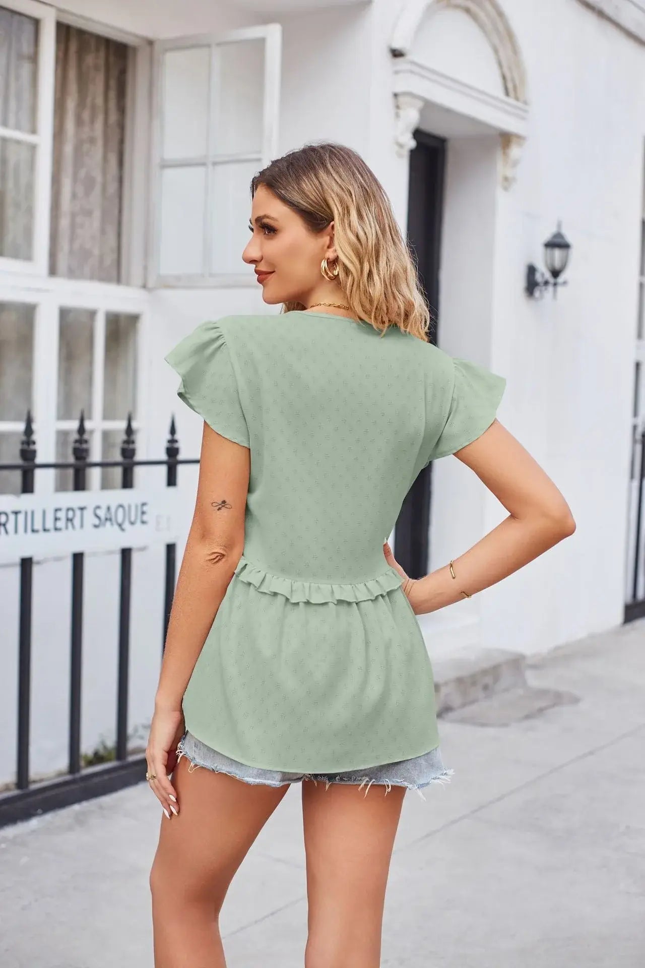 Buttoned V-Neck Ruffle Trim Top - Trendsi - Flyclothing LLC