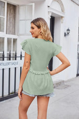 Buttoned V-Neck Ruffle Trim Top - Trendsi - Flyclothing LLC