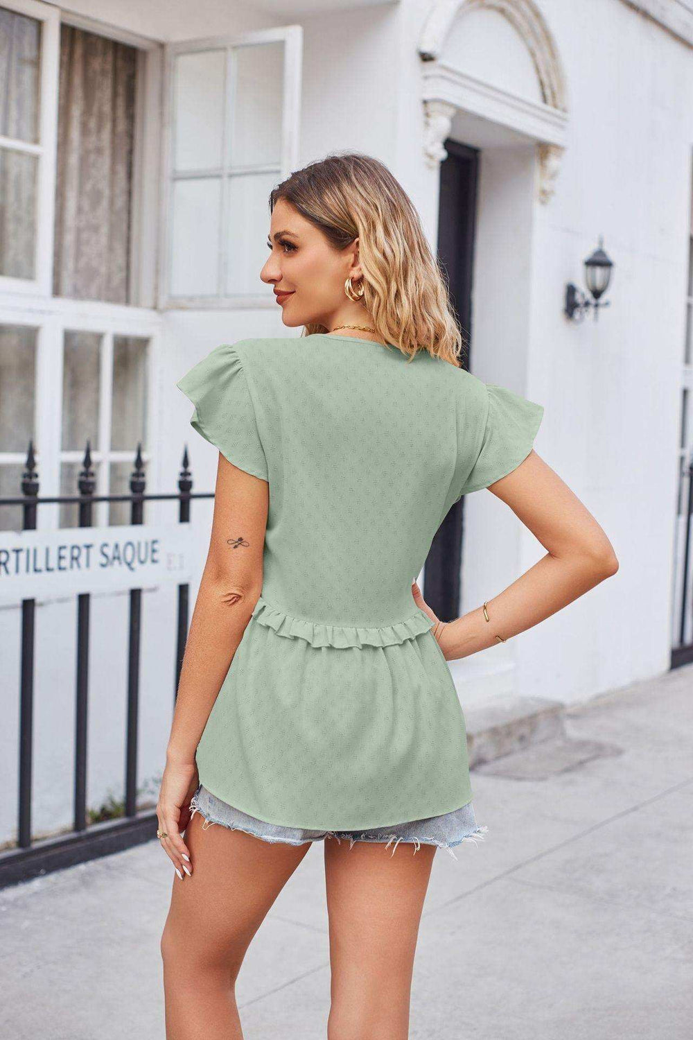 Buttoned V-Neck Ruffle Trim Top - Trendsi - Flyclothing LLC