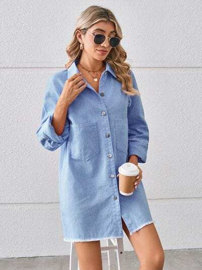 Raw Hem Button Up Denim Dress - Trendsi - Flyclothing LLC