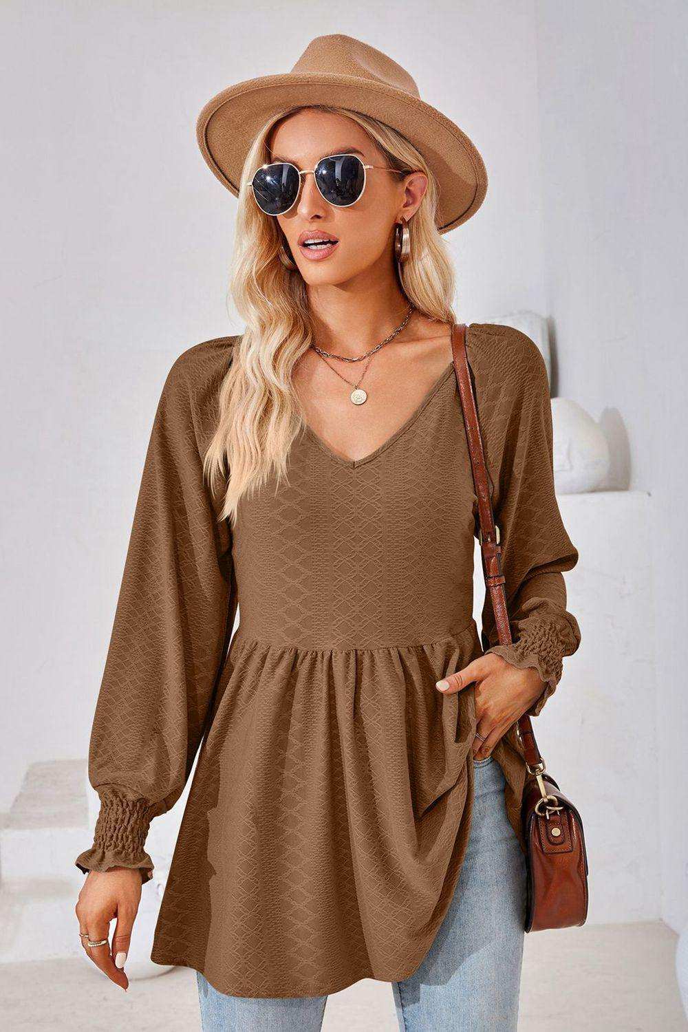 V-Neck Lantern Sleeve Blouse - Trendsi - Flyclothing LLC