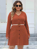 Plus Size Ribbed Buttoned V-Neck Long Sleeve Dress - Trendsi - Flyclothing LLC