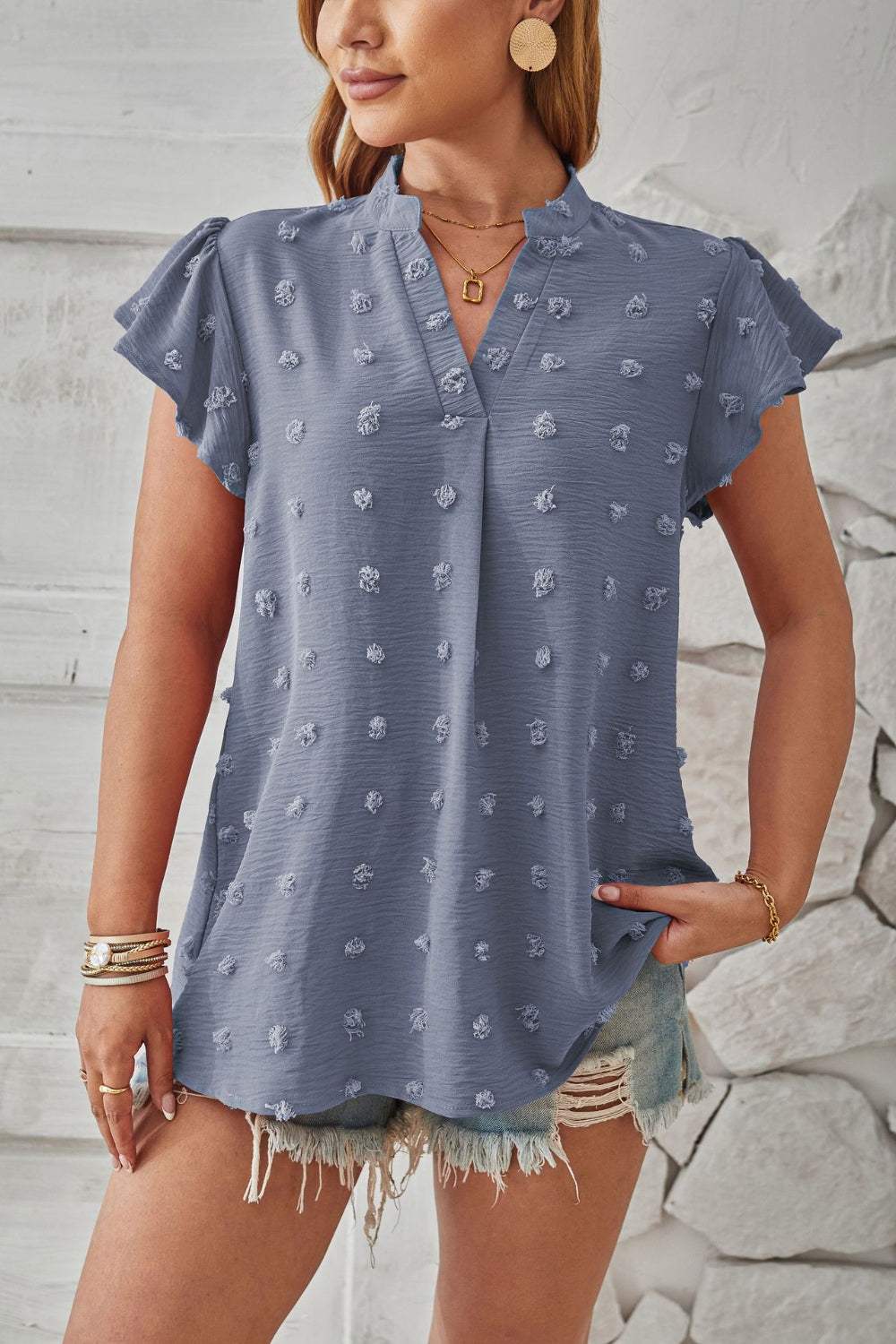 Swiss Dot Notched Cap Sleeve T-Shirt - Trendsi - Flyclothing LLC