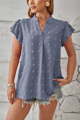 Swiss Dot Notched Cap Sleeve T-Shirt - Trendsi - Flyclothing LLC