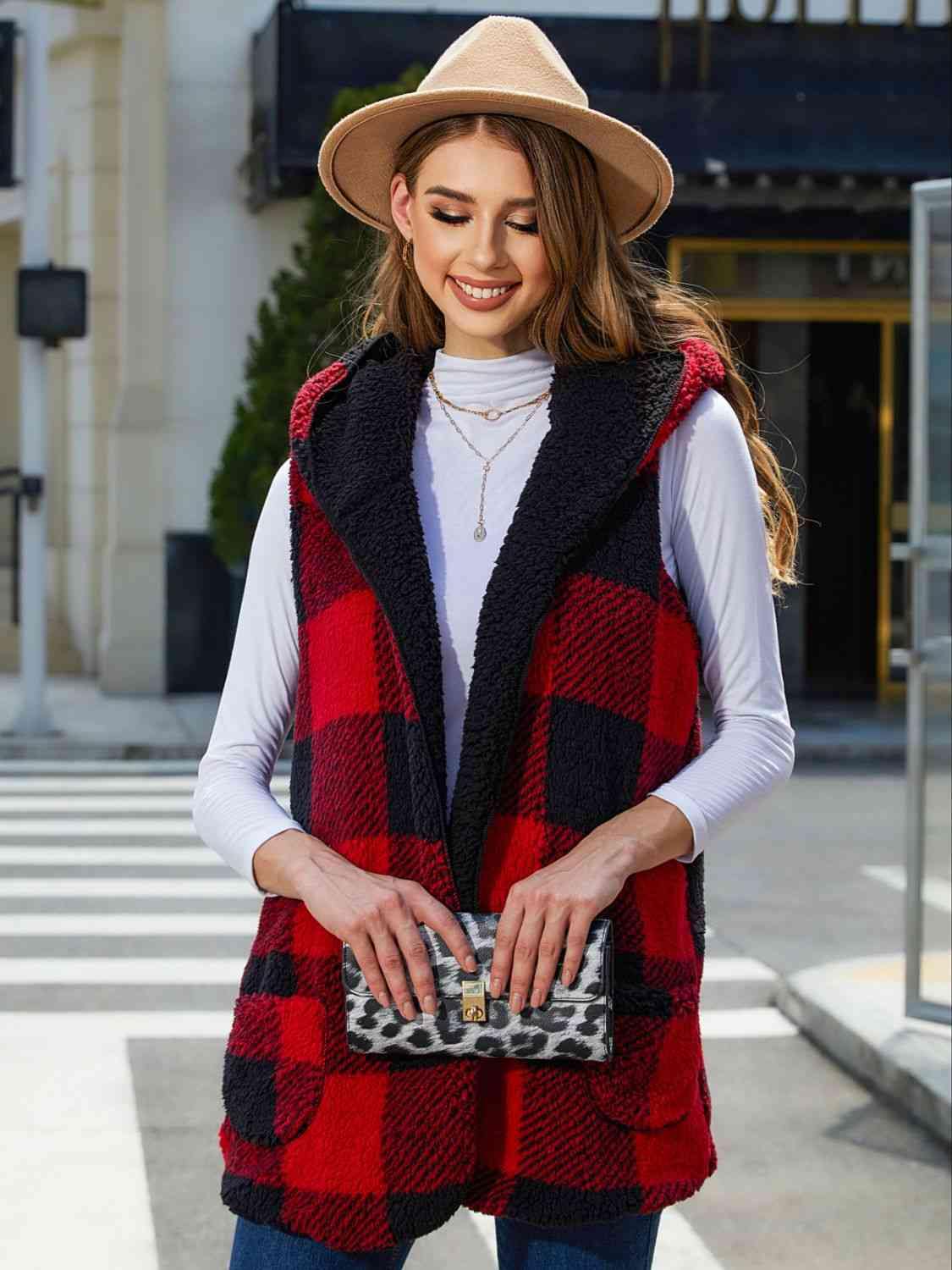Plaid Hooded Vest - Trendsi