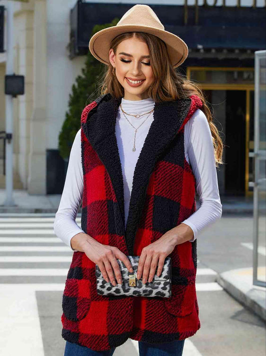 Plaid Hooded Vest - Trendsi