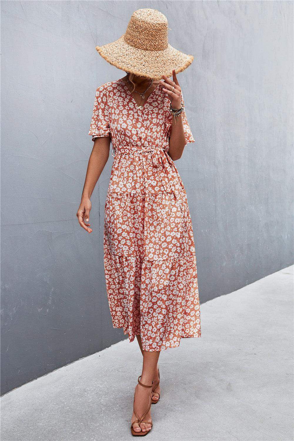 Printed V-Neck Flutter Sleeve Belted Dress - Trendsi - Flyclothing LLC