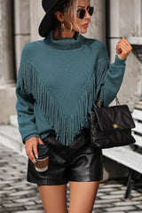 Turtle Neck Tassel Front Long Sleeve Pullover Sweater - Trendsi - Flyclothing LLC