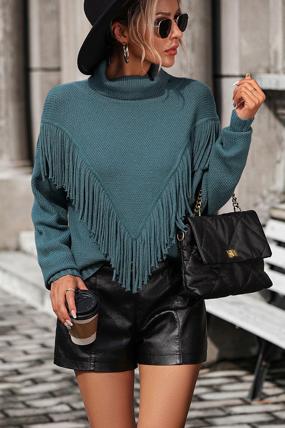 Turtle Neck Tassel Front Long Sleeve Pullover Sweater - Flyclothing LLC